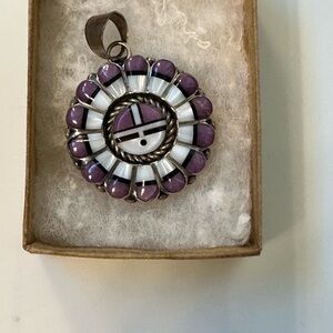 Elegant Zuni Sunface Inlay Silver Pendant